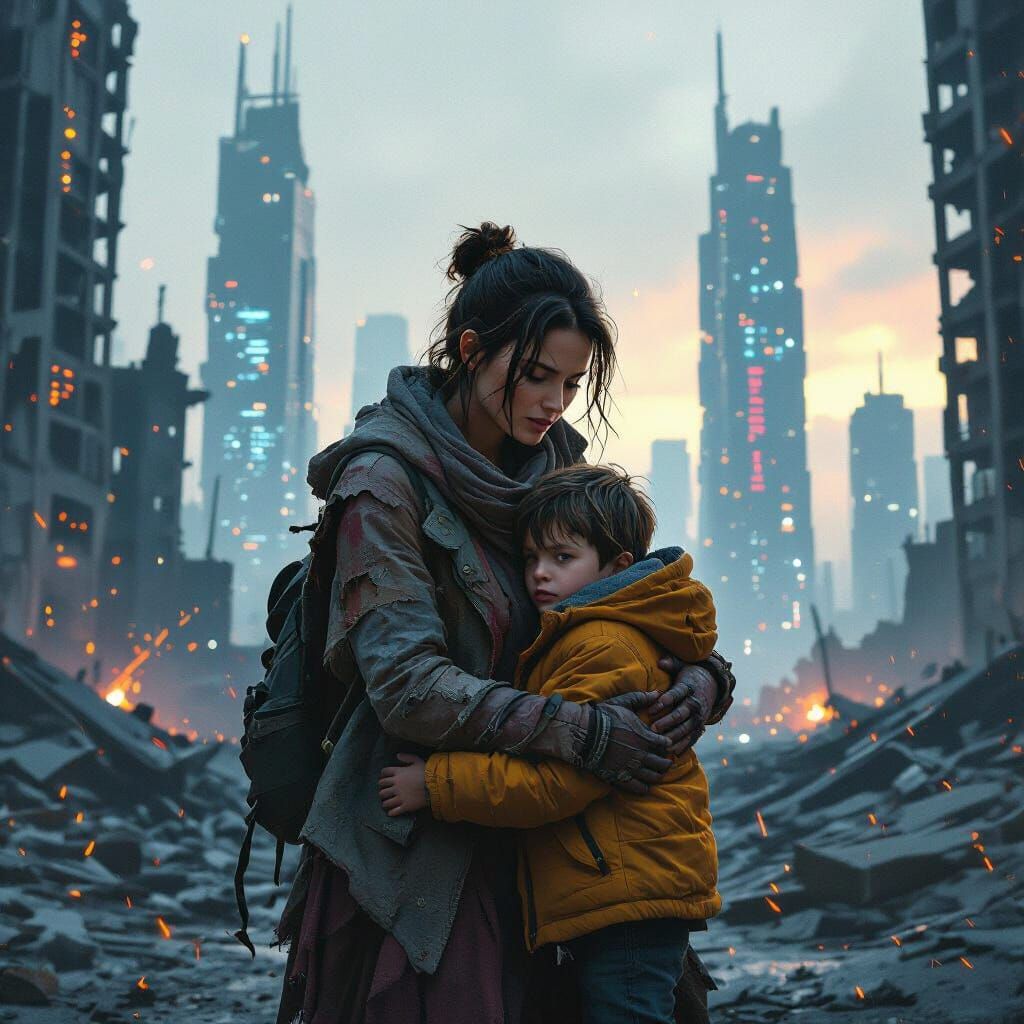 Dystopian Mother and Son in Ruined City