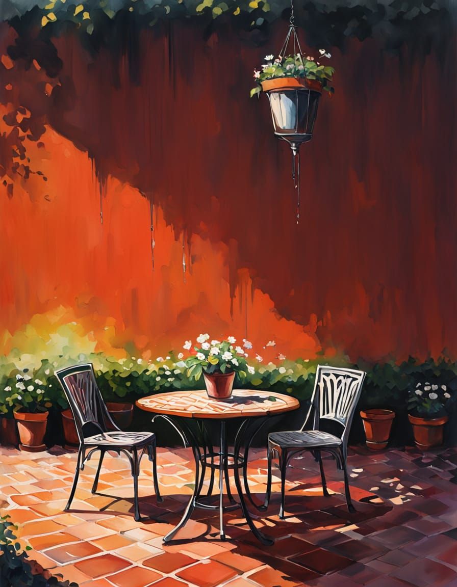 Courtyard Waterfall Garden with Red Brick Walls in Artistic ...