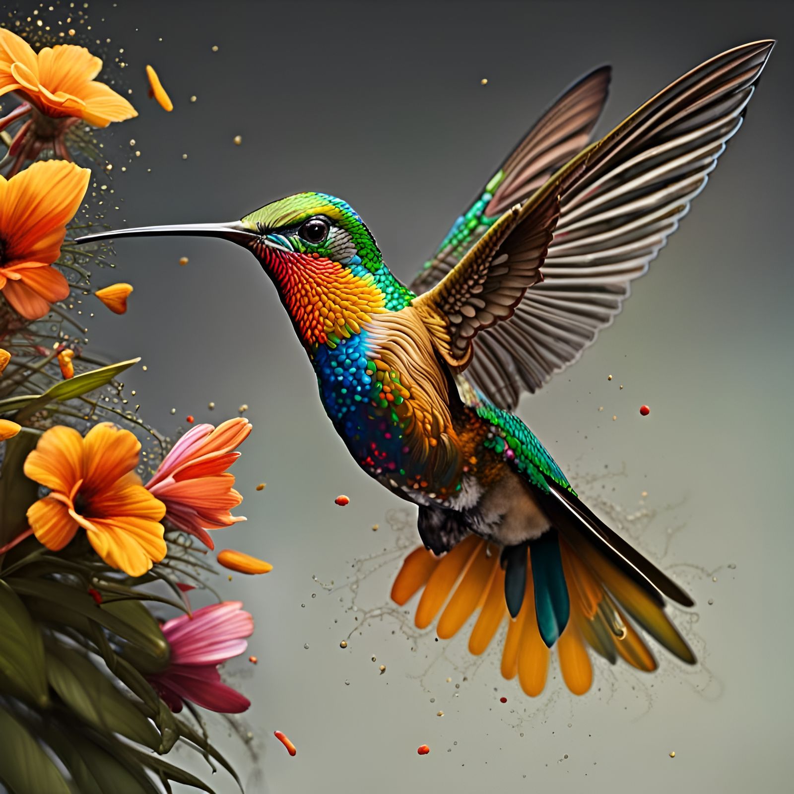 Hyperrealistic Hummingbird in Flight at Golden Hour