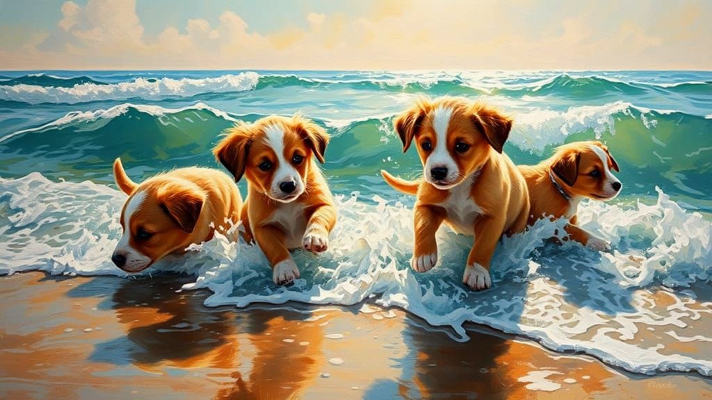 Puppies Playing on Shore in Impasto Style