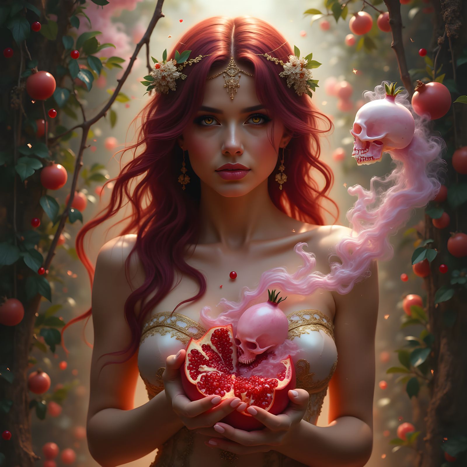 Aphrodite Holding a Pomegranate in a Maximalist Orchard