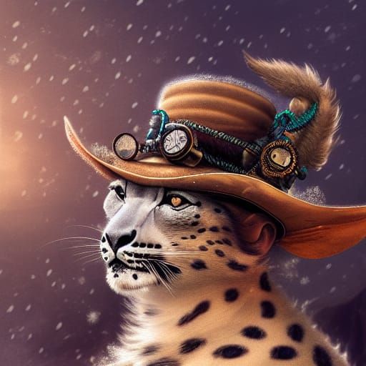 Snow Leopard in Steampunk Hat: Digital Art