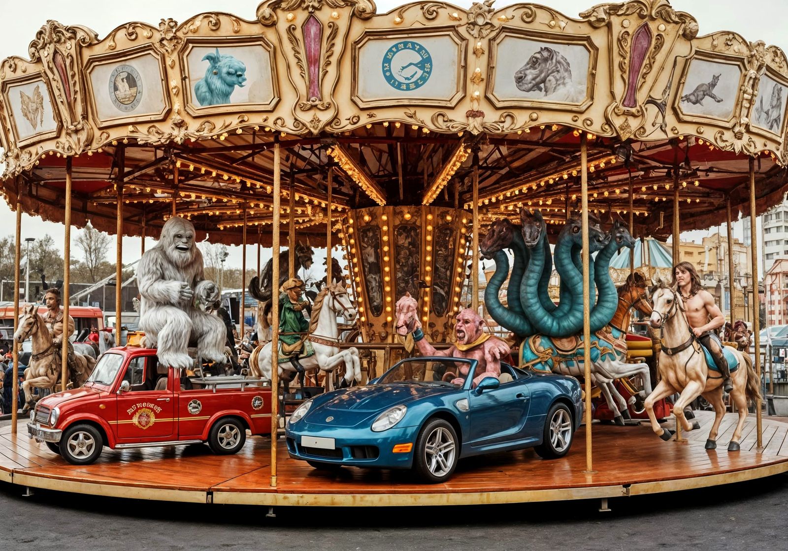 Mythical Creatures Enjoying Amusement Park Rides