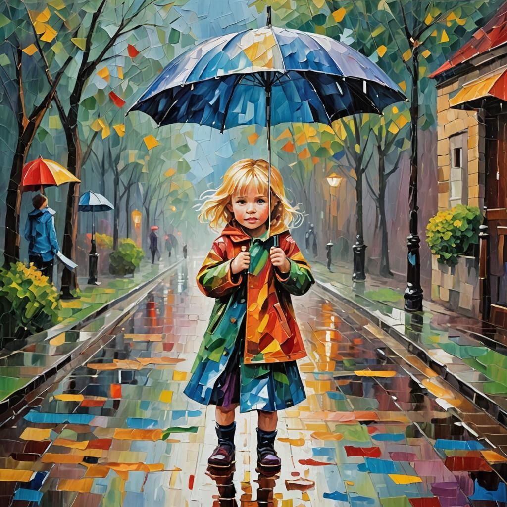 Child in Rainy Impressionist Oil Painting