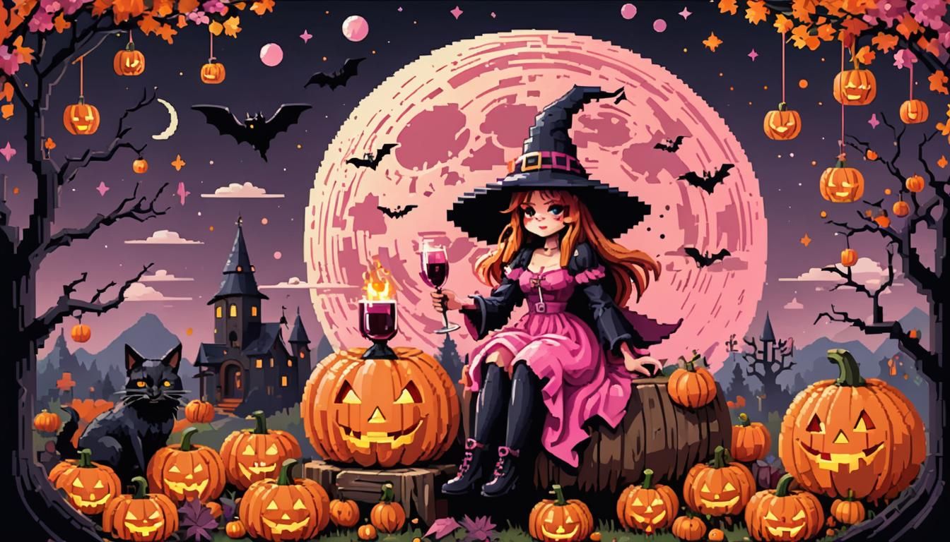 Halloween Witch in Pink Pixel Art Illustration