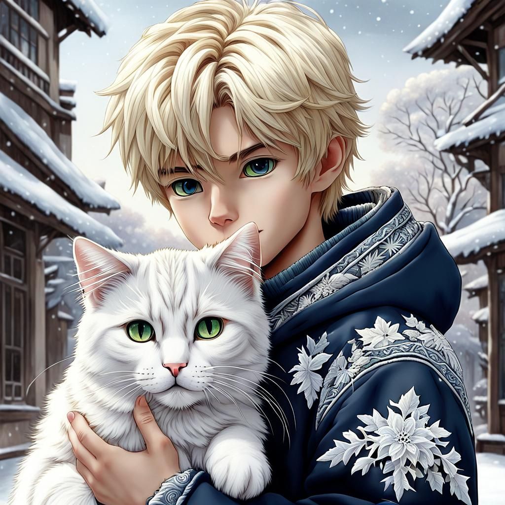 Winter Boy Holds Beautiful Tabby Cat in Anime Style