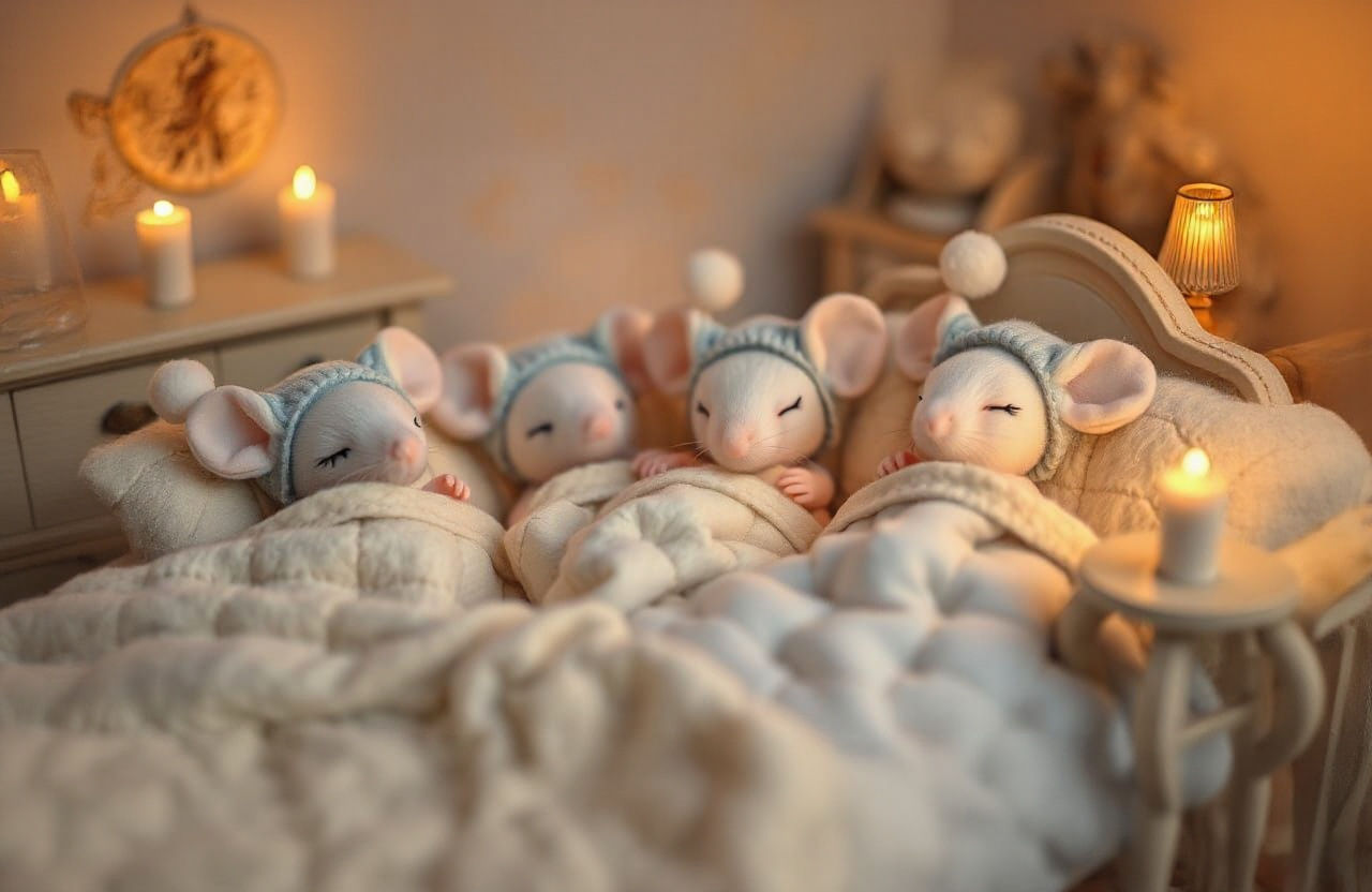 Adorable Sleepy Mice in Miniature Nursery