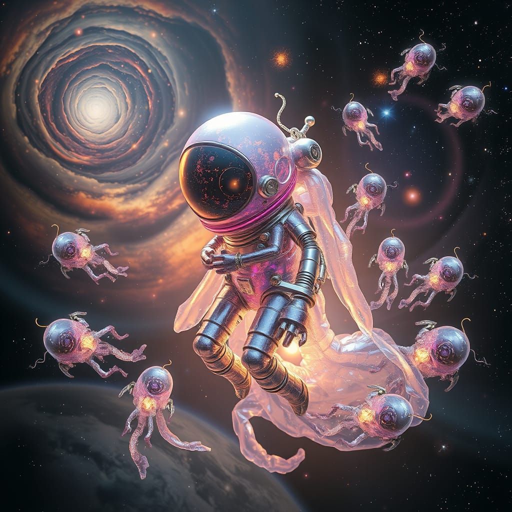 Silicon Creature in Spacesuit Amidst Galaxies