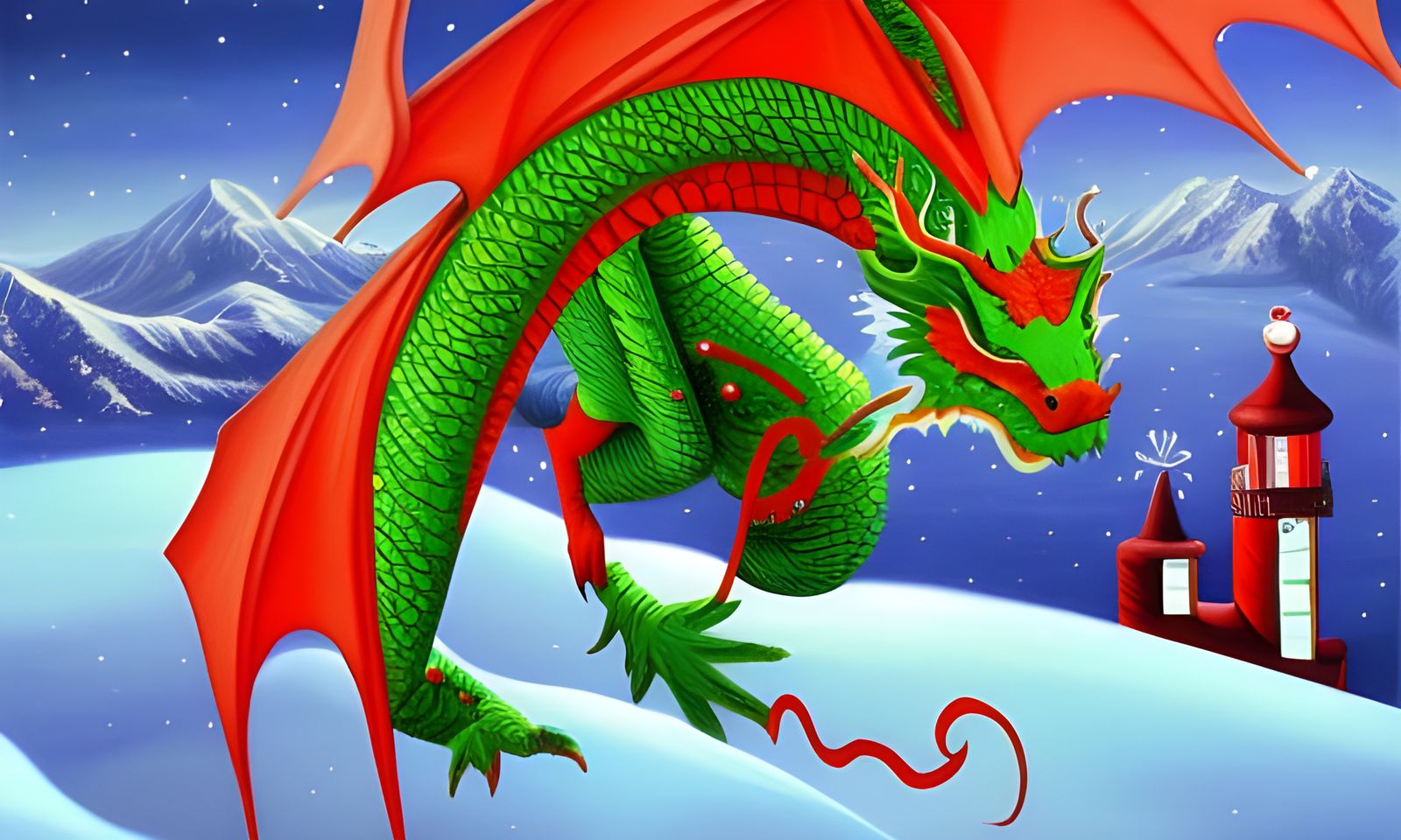 Christmas Dragon at the North Pole: Oil Painting