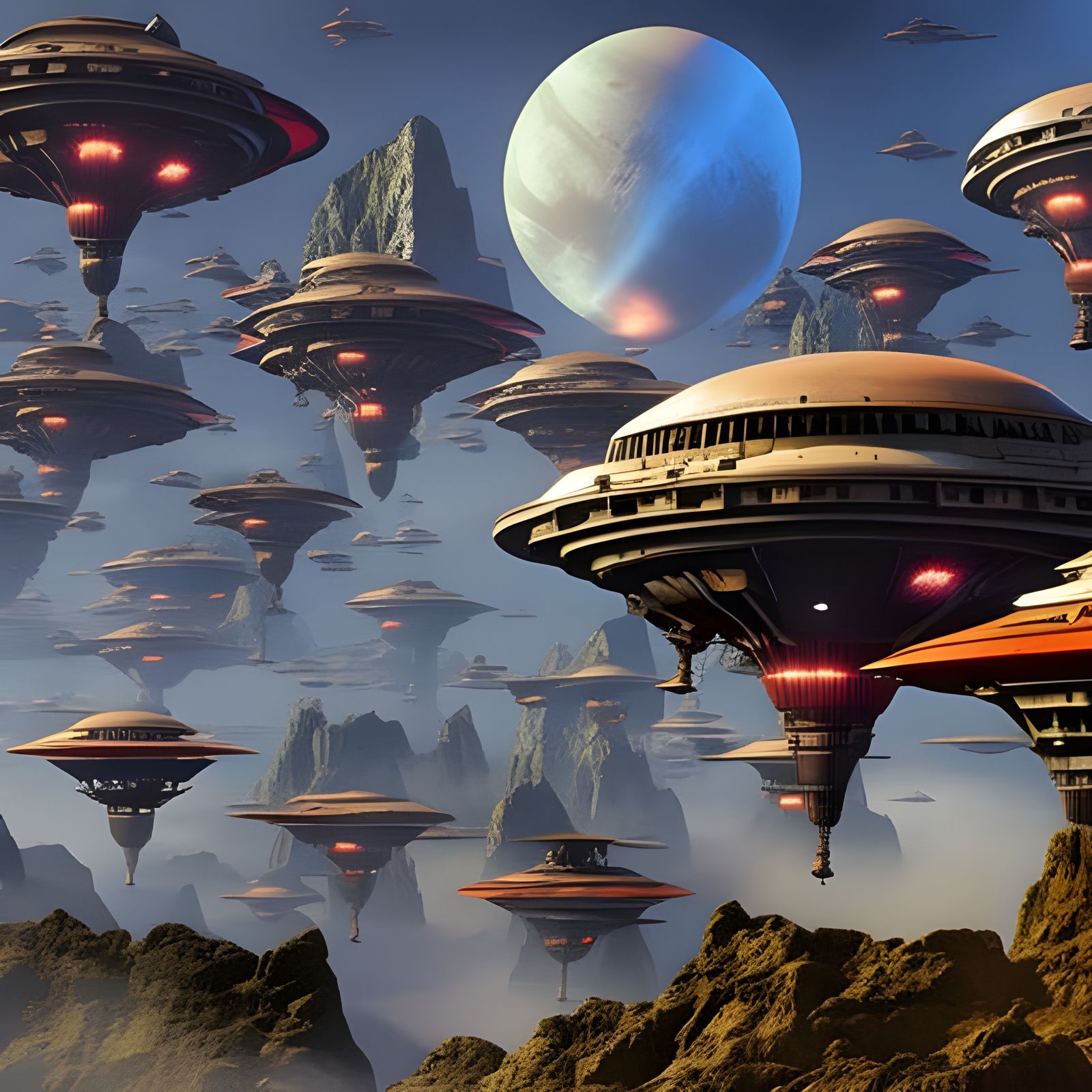 Steampunk Spacecraft Fleet Approaches Alien Planet