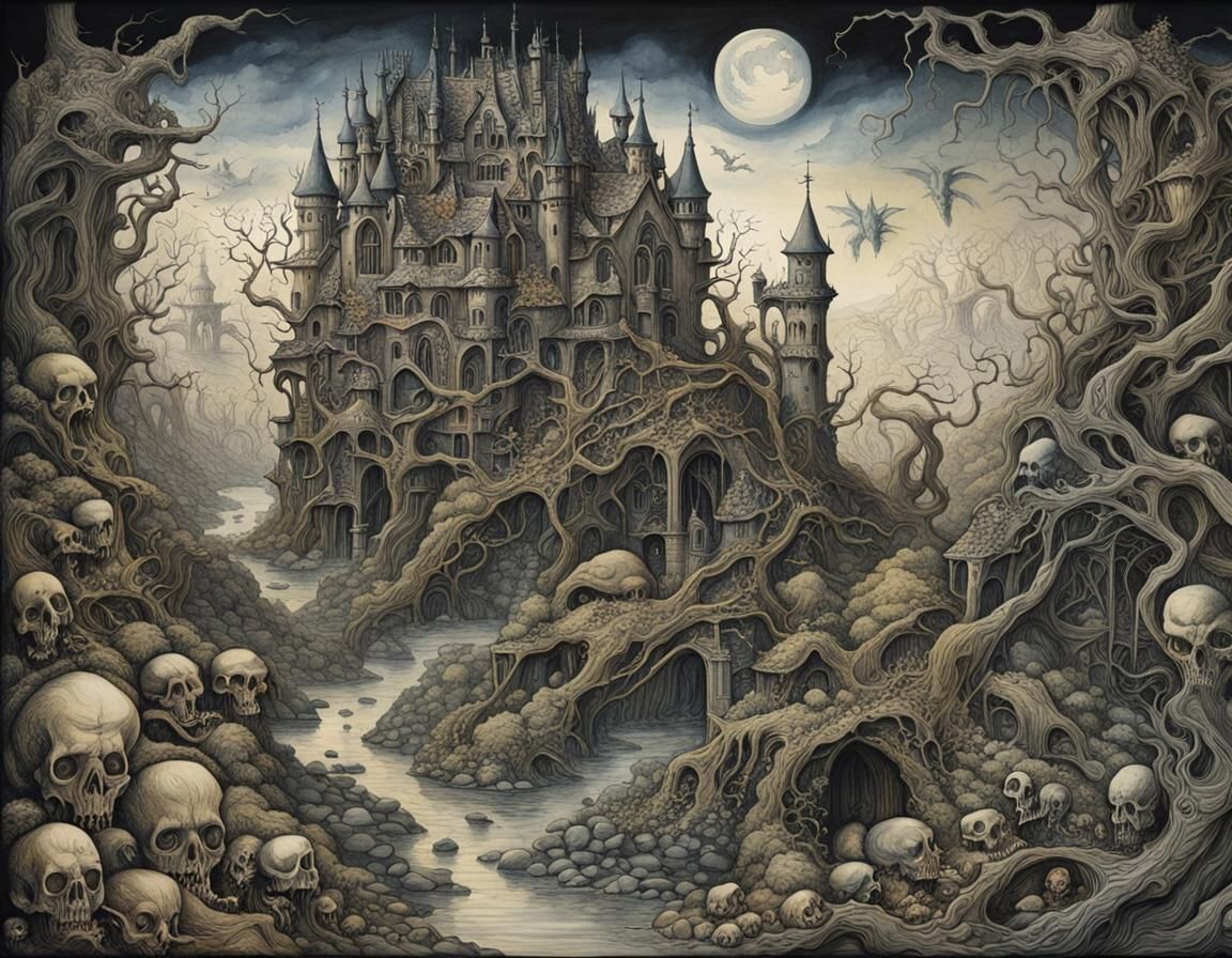 Surreal Demon Landscape in Pen and Ink Style