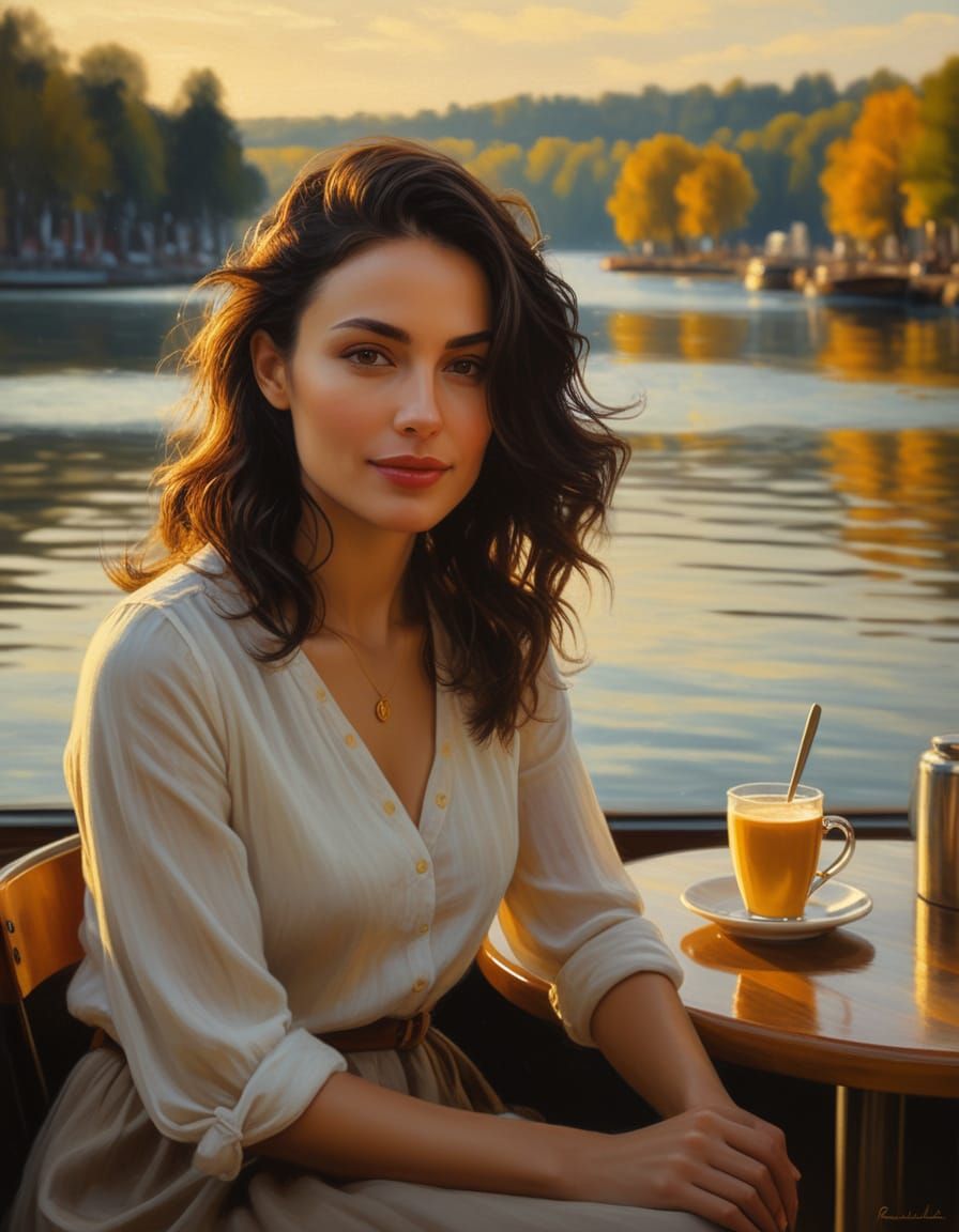 Woman in Cafe: Romantic Realism Oil Painting