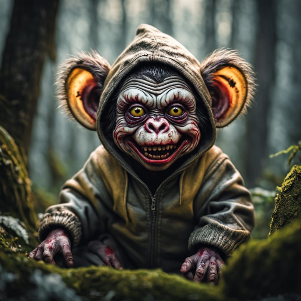 Eerie Zombie Monkey Clown Infant in Forest, Macro Photograph...