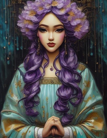 Woman in Gold Chiffon Dress with Purple Hair and Flowers