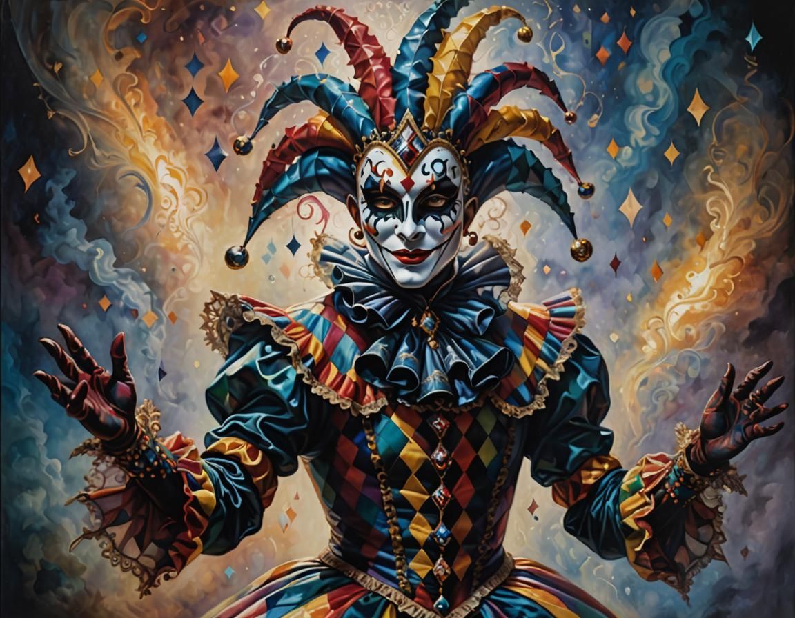 Ethereal High-Fantasy Harlequin in Whirling Dance of Magic