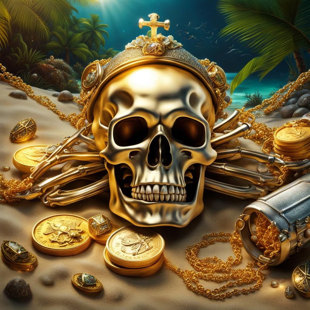 Golden Pirate Treasure on Tropical Beach