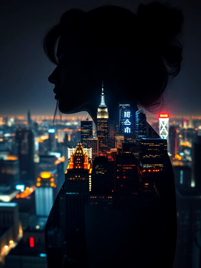 Woman Silhouette Double Exposure with City at Night