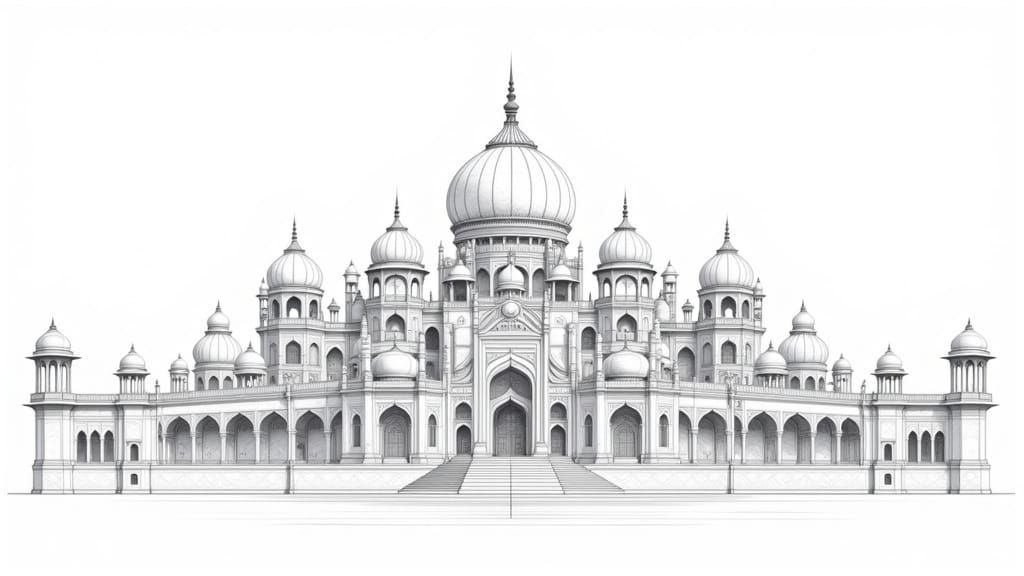 Majestic Indian Palace in Black and White Line Art