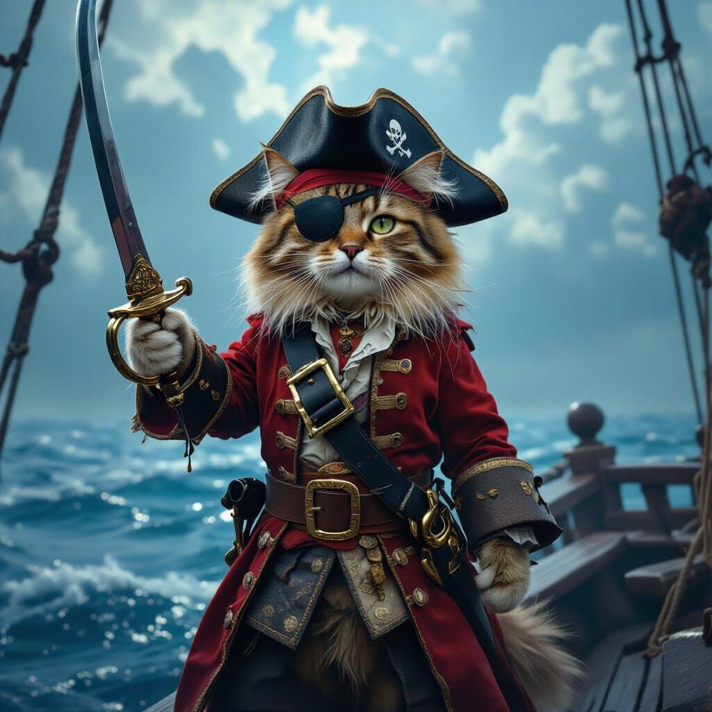 Pirate Cat on Ship Deck in Cloudy Sea