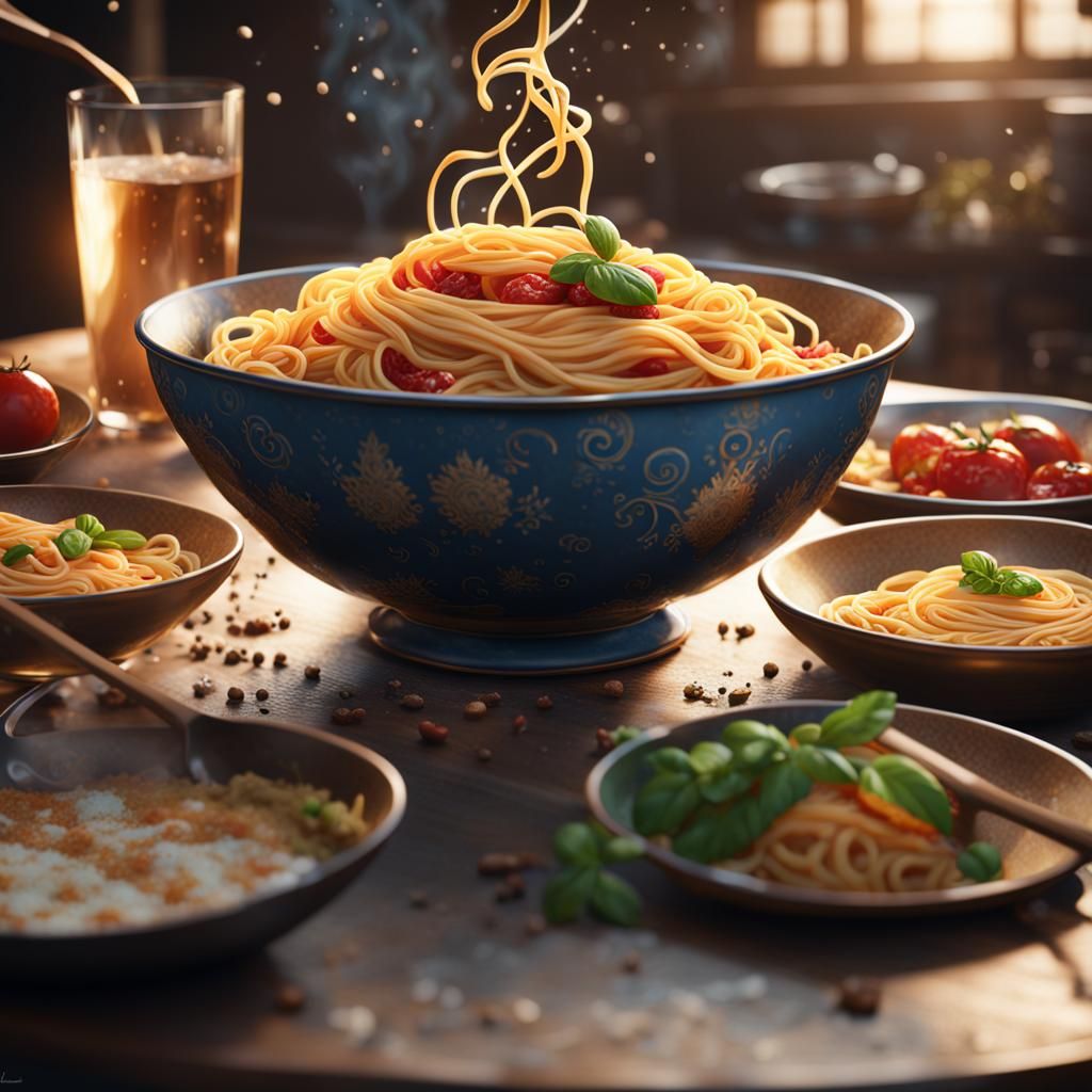 Steaming Spaghetti Bowl: Detailed Matte Painting
