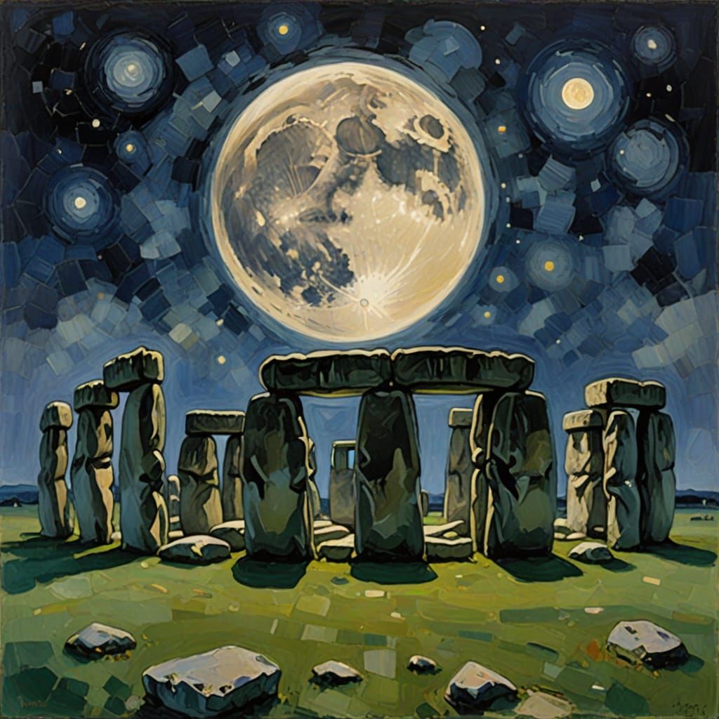 Stonehenge Under Full Moon in Impressionist Style
