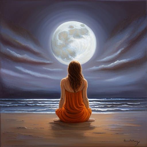 Woman's Devotion to Moon Goddess, Oil Painting