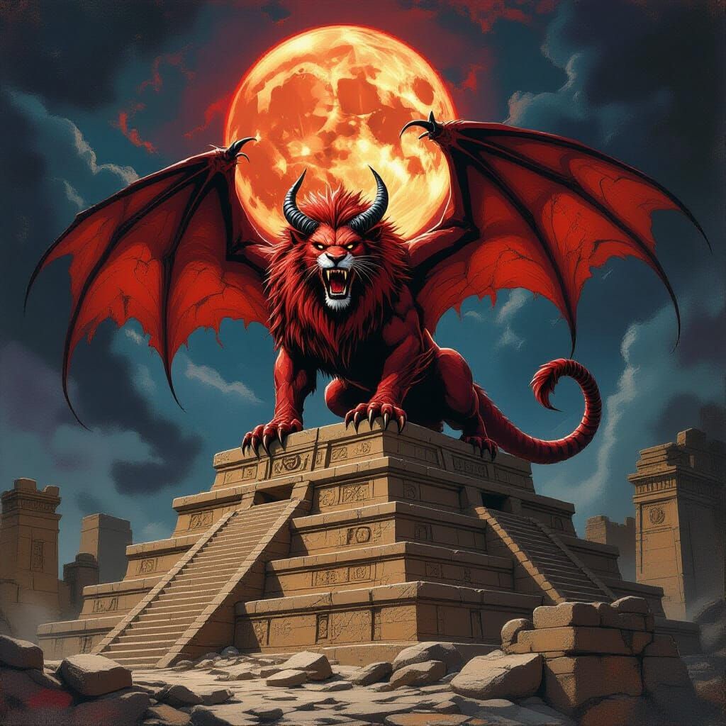 Manticore on Ziggurat Ruins in Dark Fantasy Style