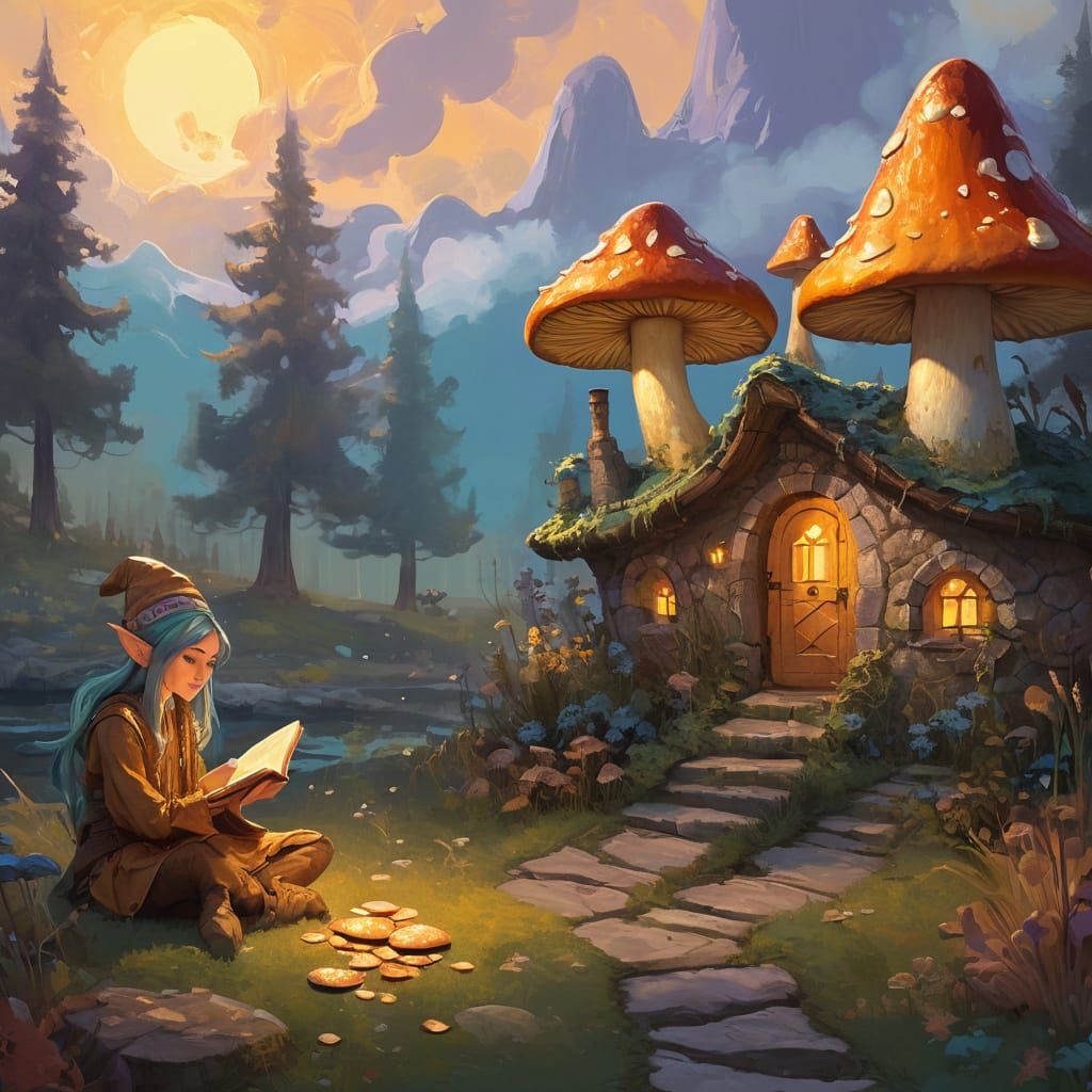 Impasto Oil Painting of Magical Elf Village at Golden Hour