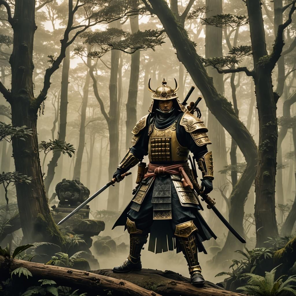Samurai Bounty Hunter in Misty Forest, Silkpunk Style
