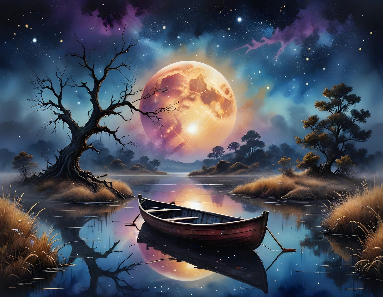 Surreal Nocturnal Scene with Blood Moon and Rowboat