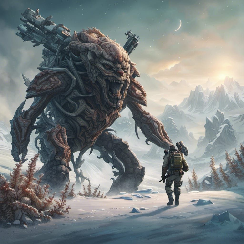 Bounty Hunter Battles Creature on Icy Planet
