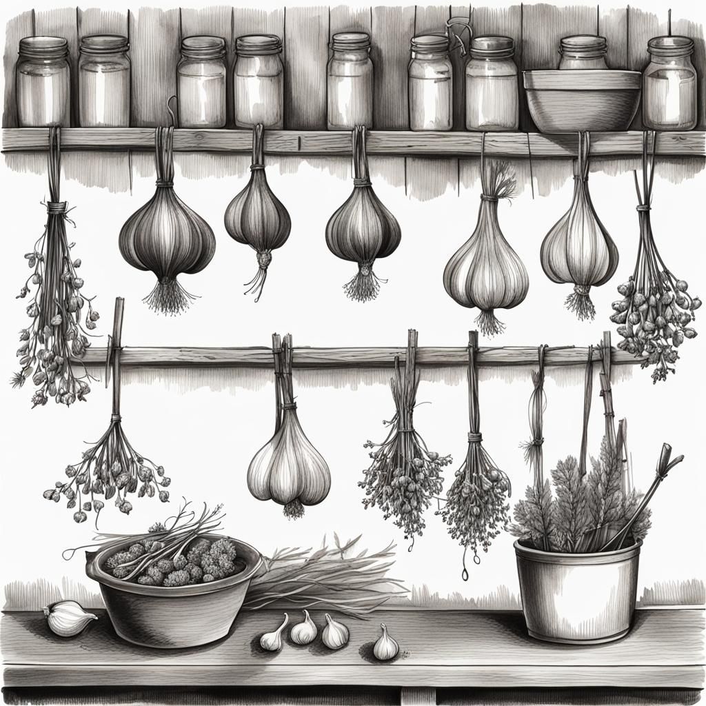 Botanical Ink Drawing of Herbs and Garlic