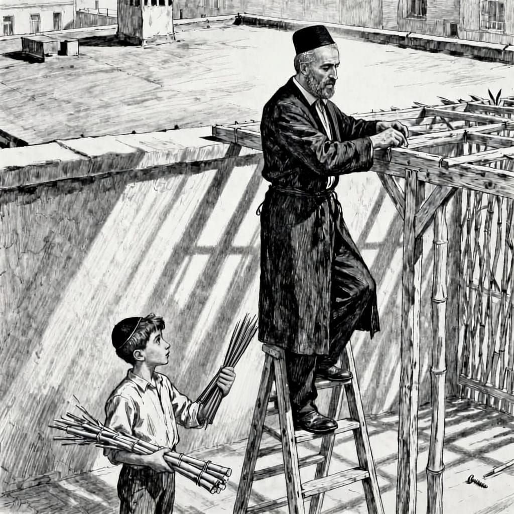 Chasidic Father Builds Succah for Sukkot Holiday