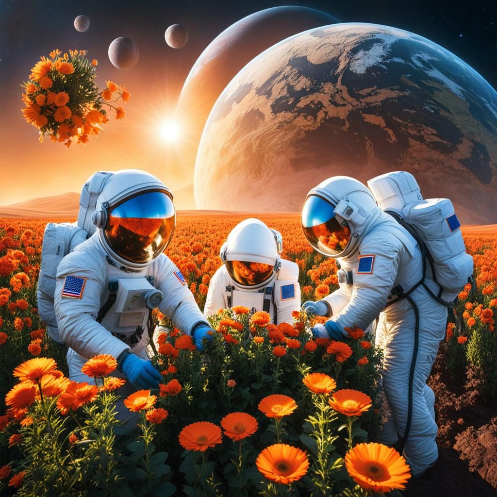 Astronauts Gardening Flowers: Detailed Matte Painting