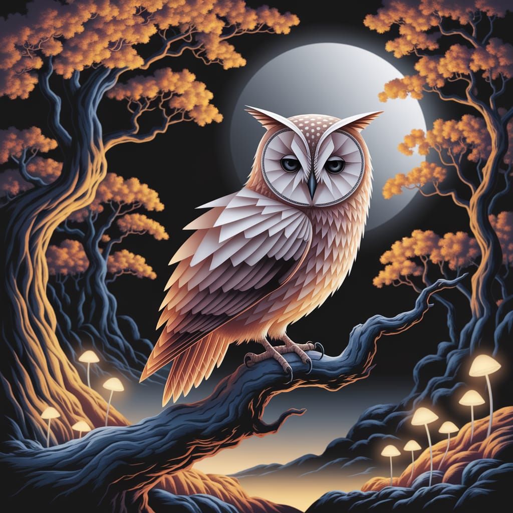 Origami Owl in Moonlit Forest, Japanese Woodblock Style