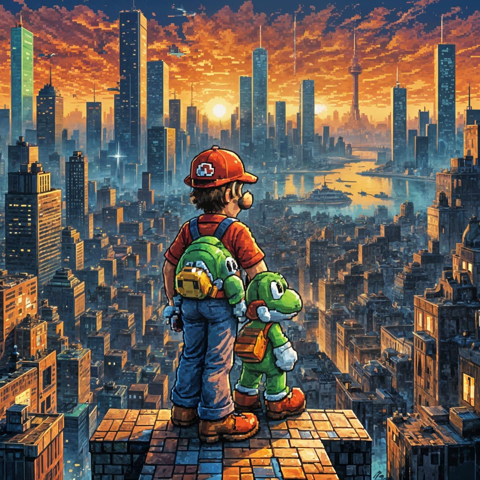 Pixel Art Mario and Yoshi Time Travel