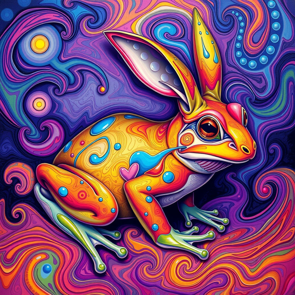 Dreamlike Fusion of Frog and Rabbit in Vibrant, Swirling Pat...