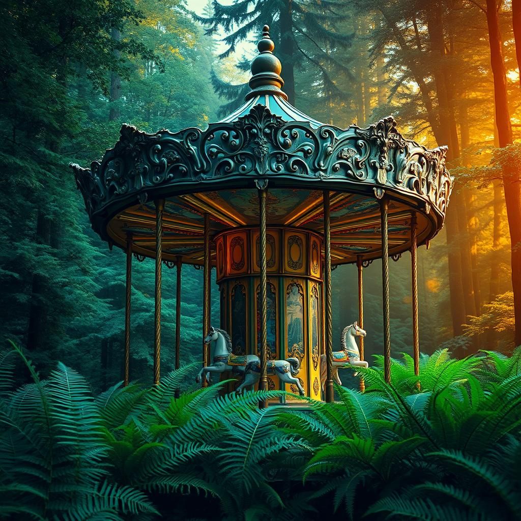 Enchanted Carousel in Emerald Forest: Hyperrealistic Art