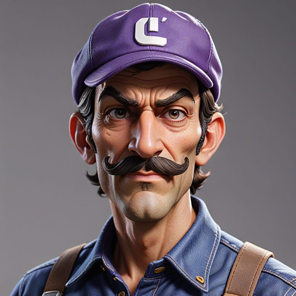 Hyper-Realistic Portrait of Waluigi with Intense Mischievous...