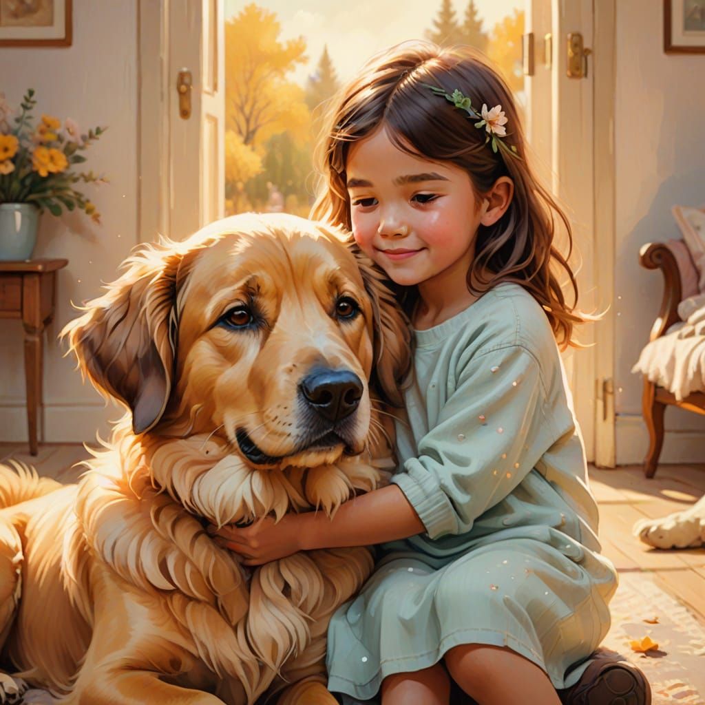 Child Hugs Dog in Cozy Pastel Digital Painting