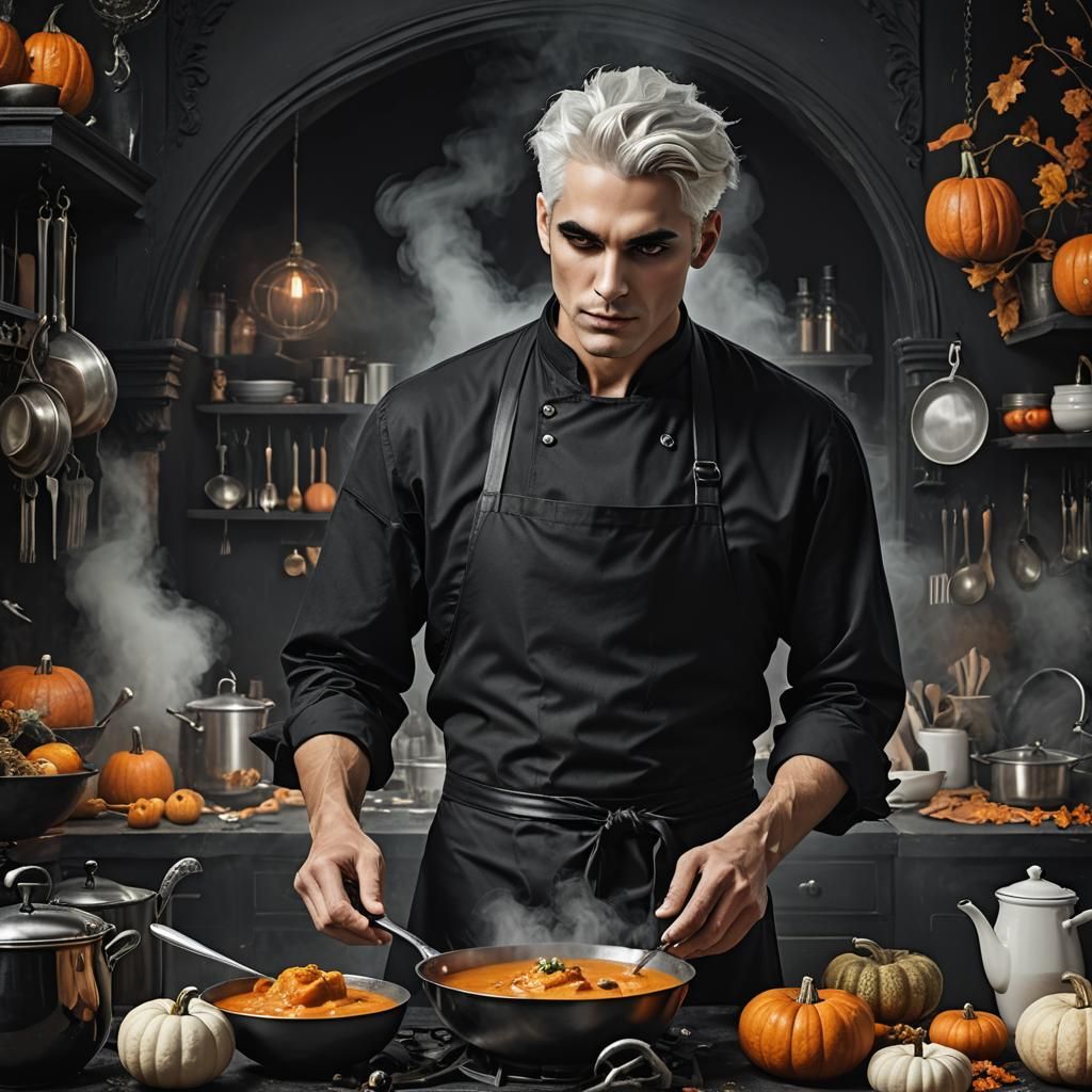 Gothic Chef Cooks Pumpkin Soup: Digital Matte Painting