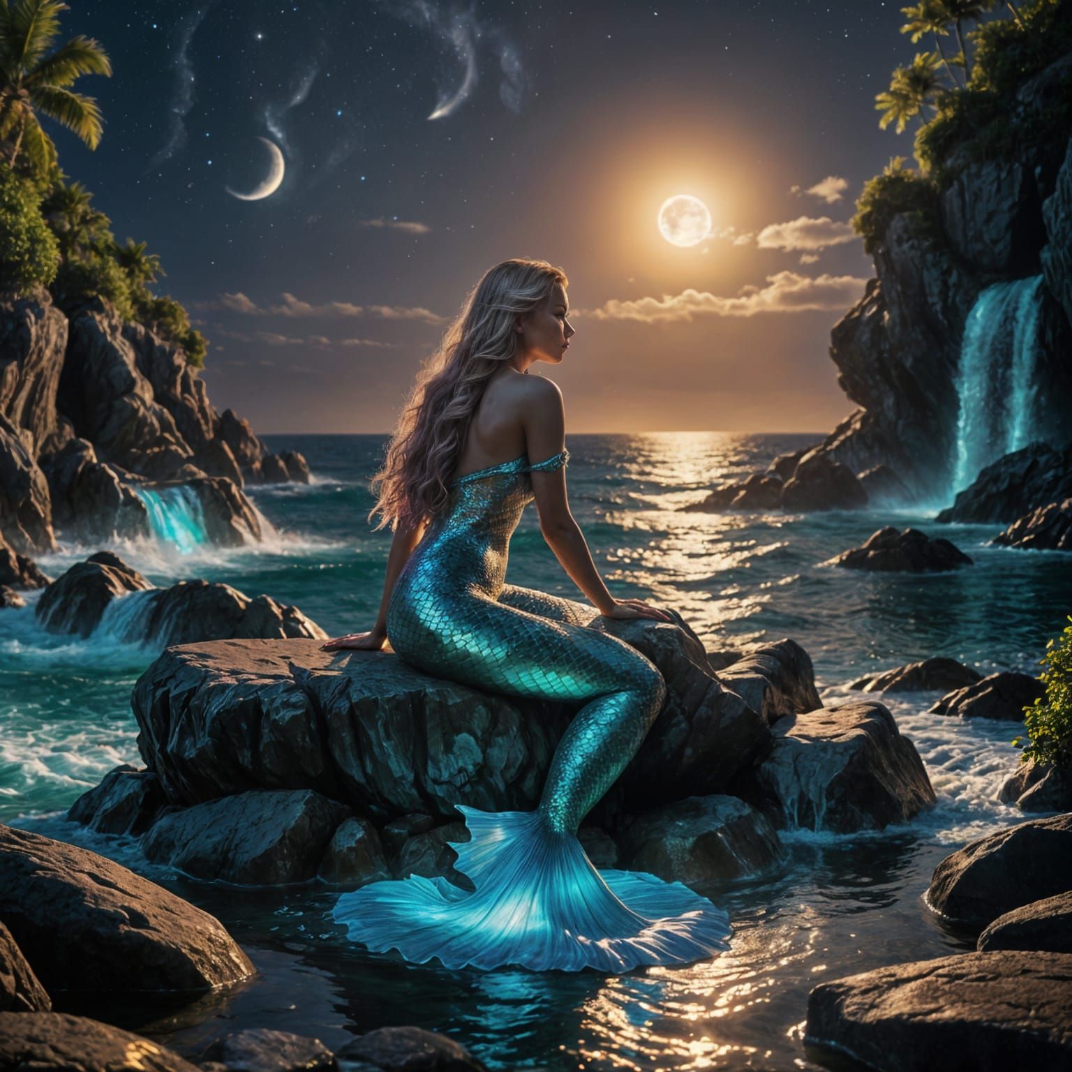 Mermaid in Hidden Cove Under Moonlight