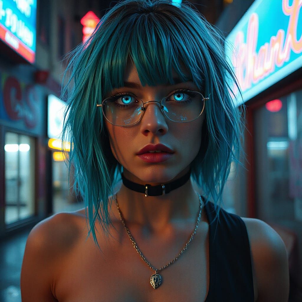 Cyberpunk Woman in Neon Alleyway with Turquoise Hair