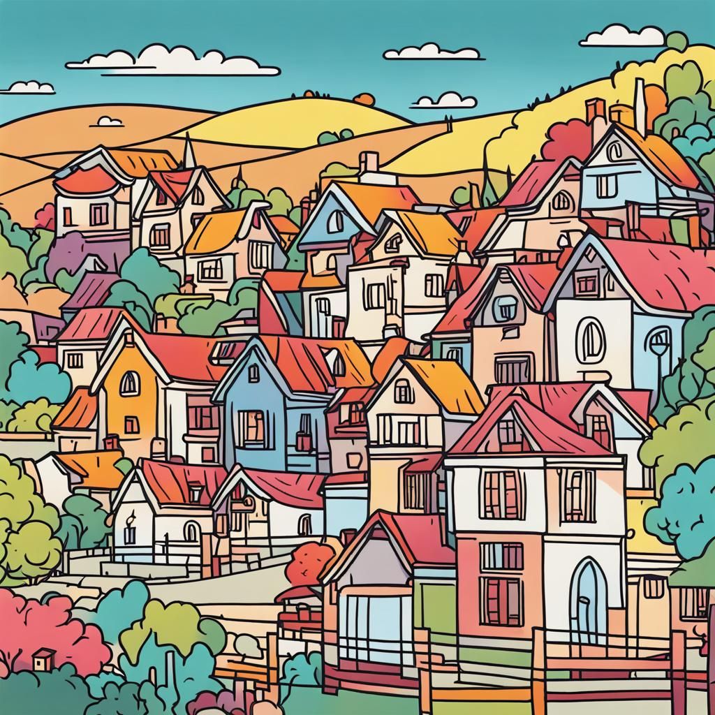 Colorful Line Art of a Charming Village