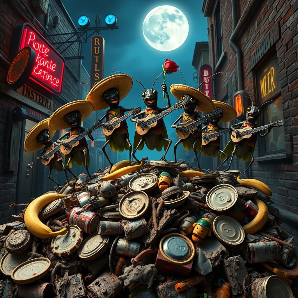 Cockroach Mariachi Band in Whimsical Gothic Scene
