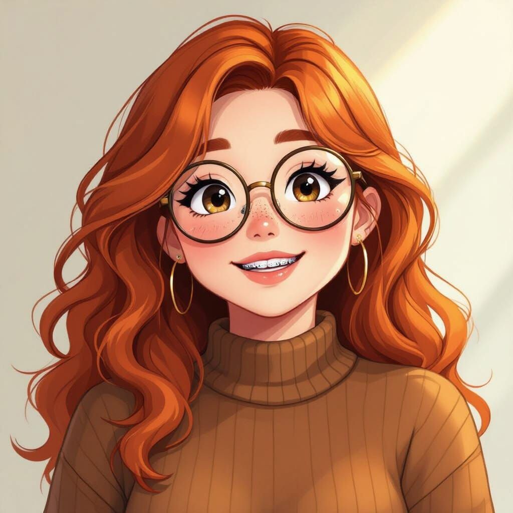 Anime-Style Freckled Girl with Glasses and Braces