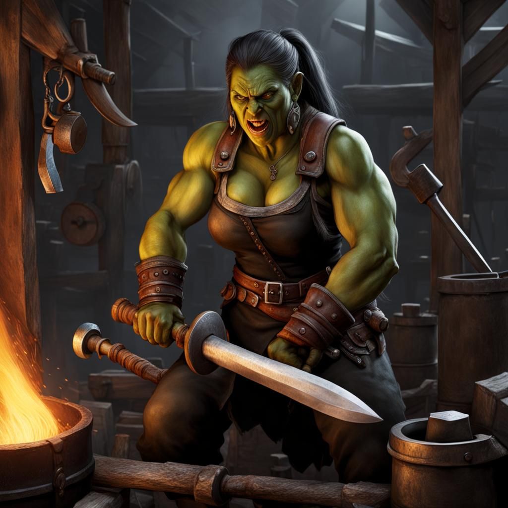 Photorealistic Orc Female Blacksmith at Forge
