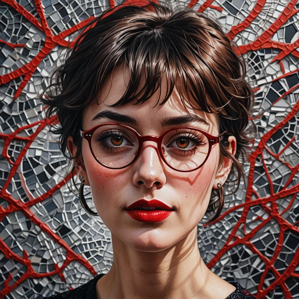 Brunette with Red Lipstick in Hyperrealistic Oil Painting