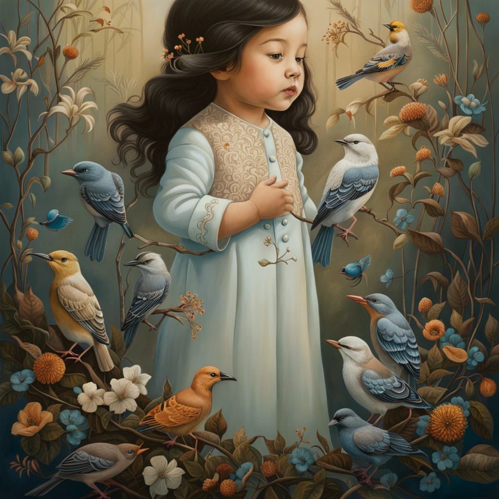 Toddler Portrait with Birds and Flowers in Magic Realism