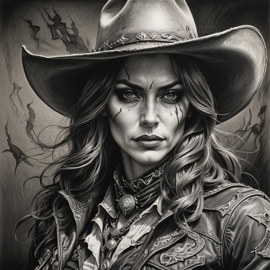 Demon Cowgirl: Hyperdetailed Charcoal Drawing